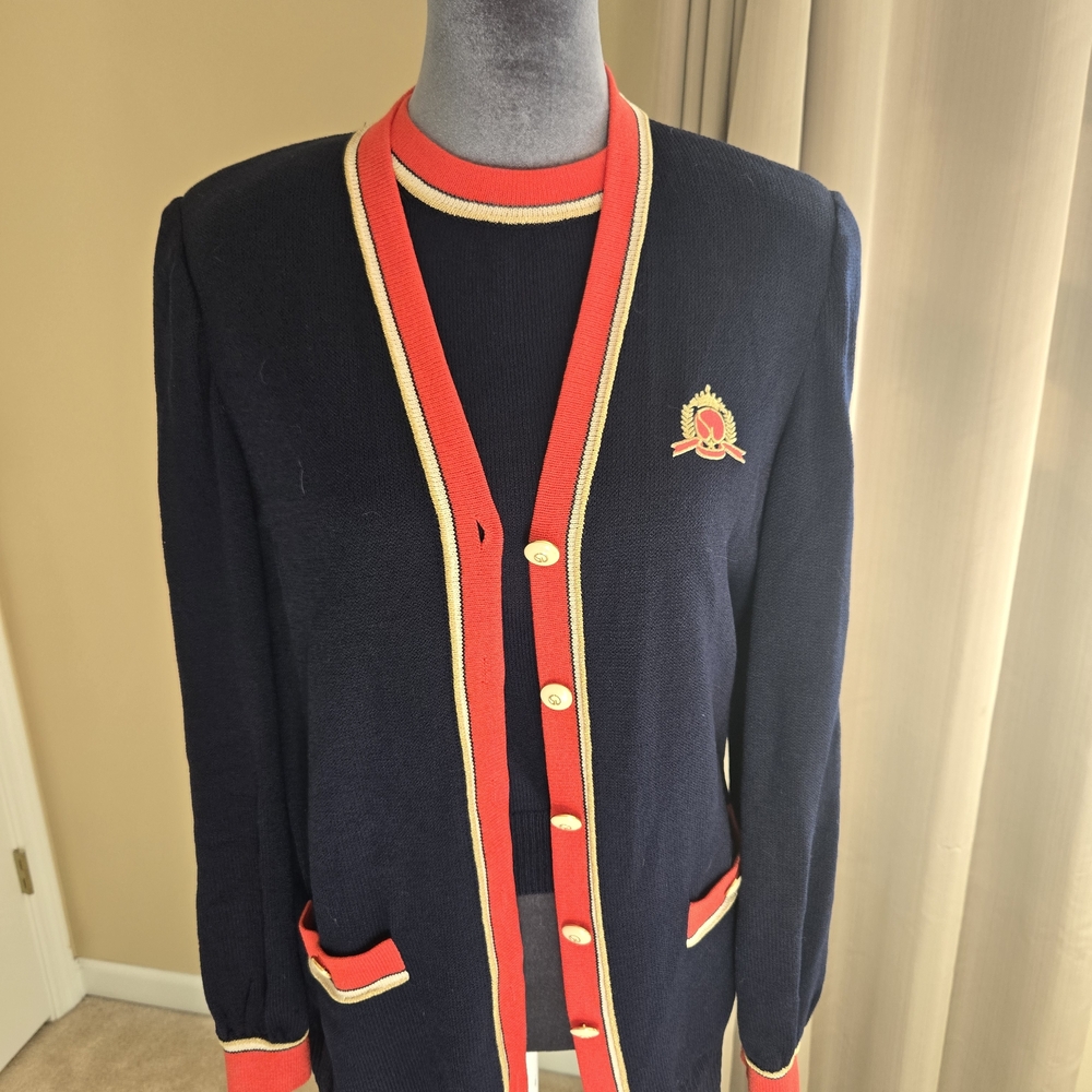 St. John Collection by Marie Gray Navy Knit Cardigan Crest Buttons Size S
